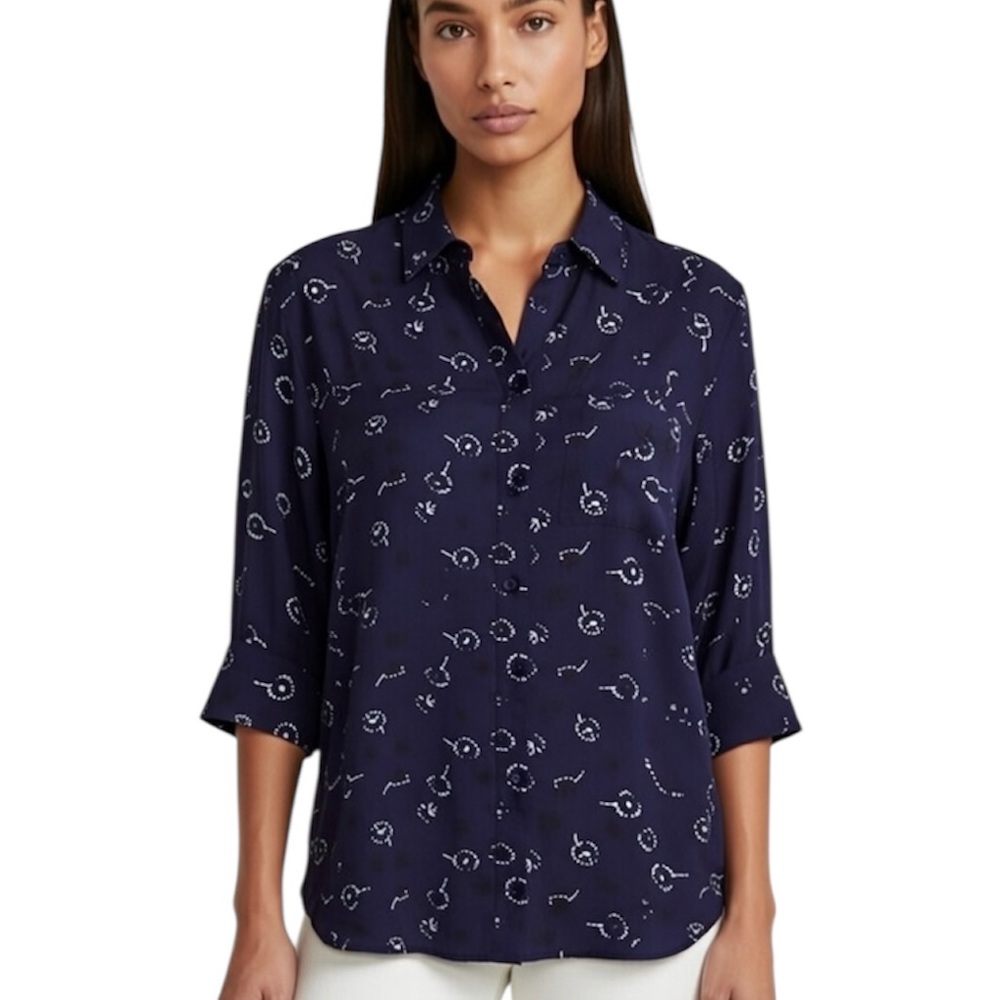 NANETTE LEPORE Navy Floral Metallic Button Down Blouse